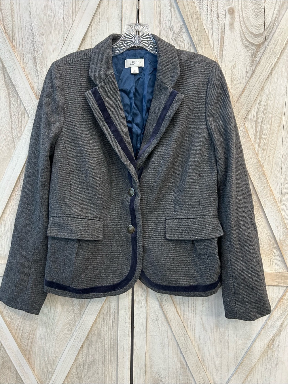 LOFT Gray Herringbone Blazer with Navy Trim